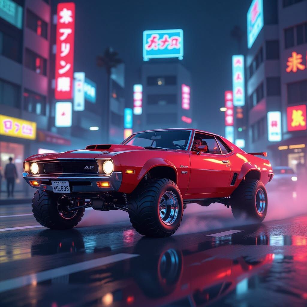 Candy Apple Red AMX Lowrider in Neon Tokyo, Hyperrealistic