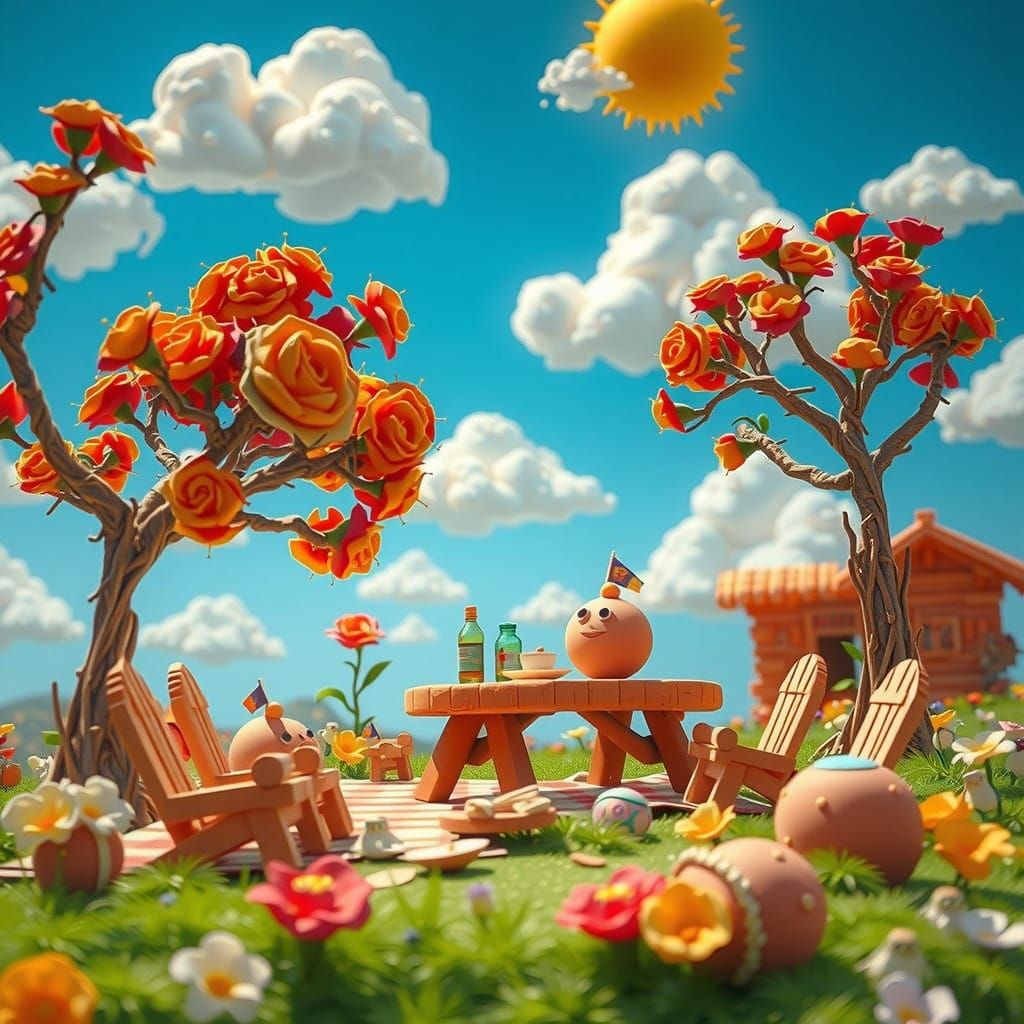 Whimsical Clay Picnic Scene in Vibrant, Detailed 8K Style