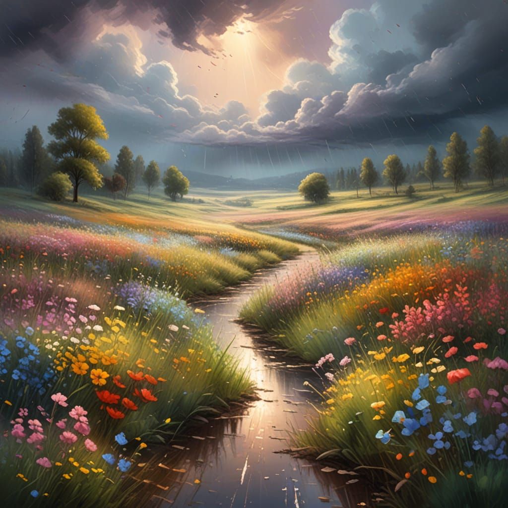 Impressionist Wildflowers Glisten Under Summer Rain