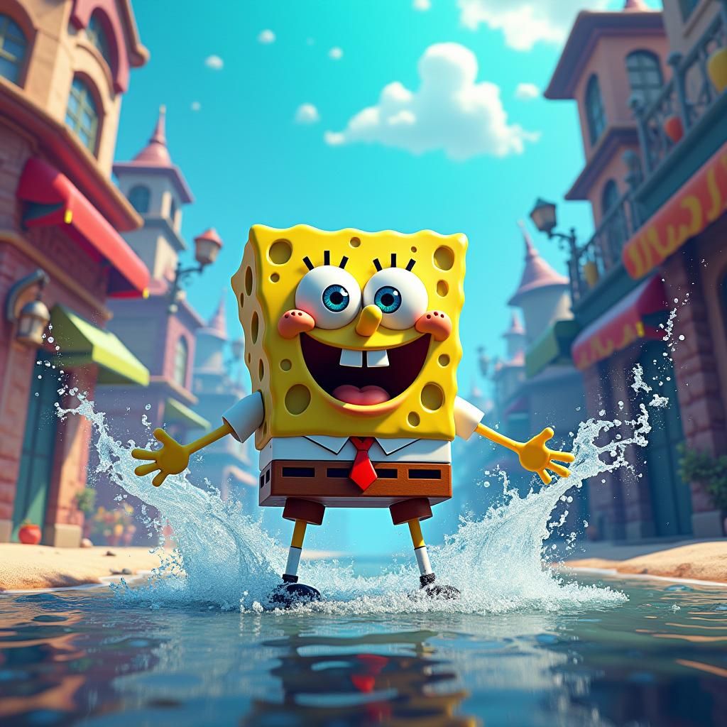 Spongebob in Fantastical Bikini Bottom Cityscape