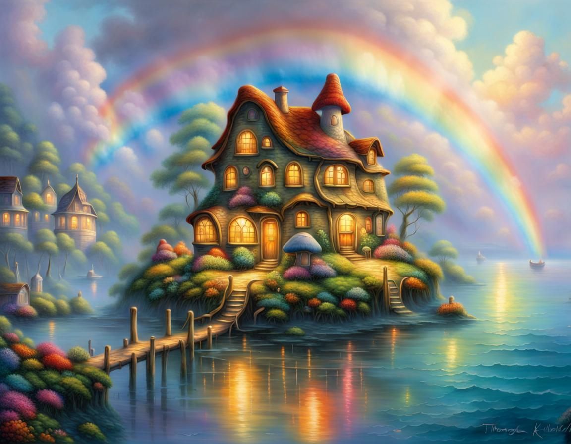Ethereal Rainbow Mushroom Village on the Sea