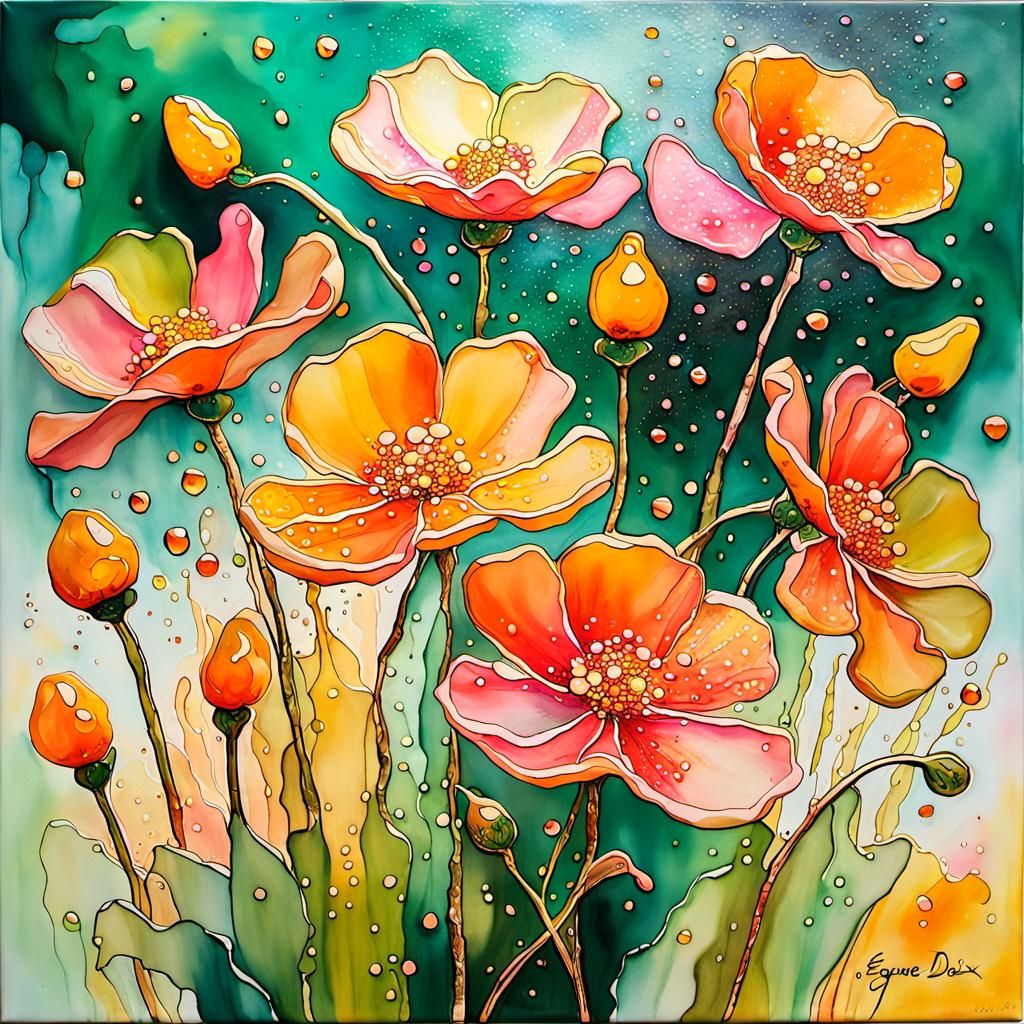 Abstract Alcohol Ink Sage Green Pink Yellow Splatter Wash, Golden Sunrays, a cluster of 3d Tangerine Geum Flowersr, 3d...