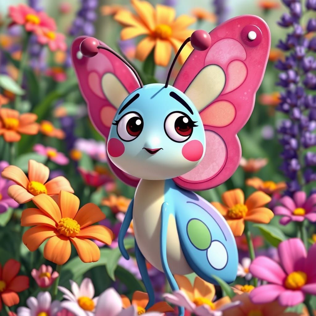 Confused Cartoon Butterfly in Vibrant Garden