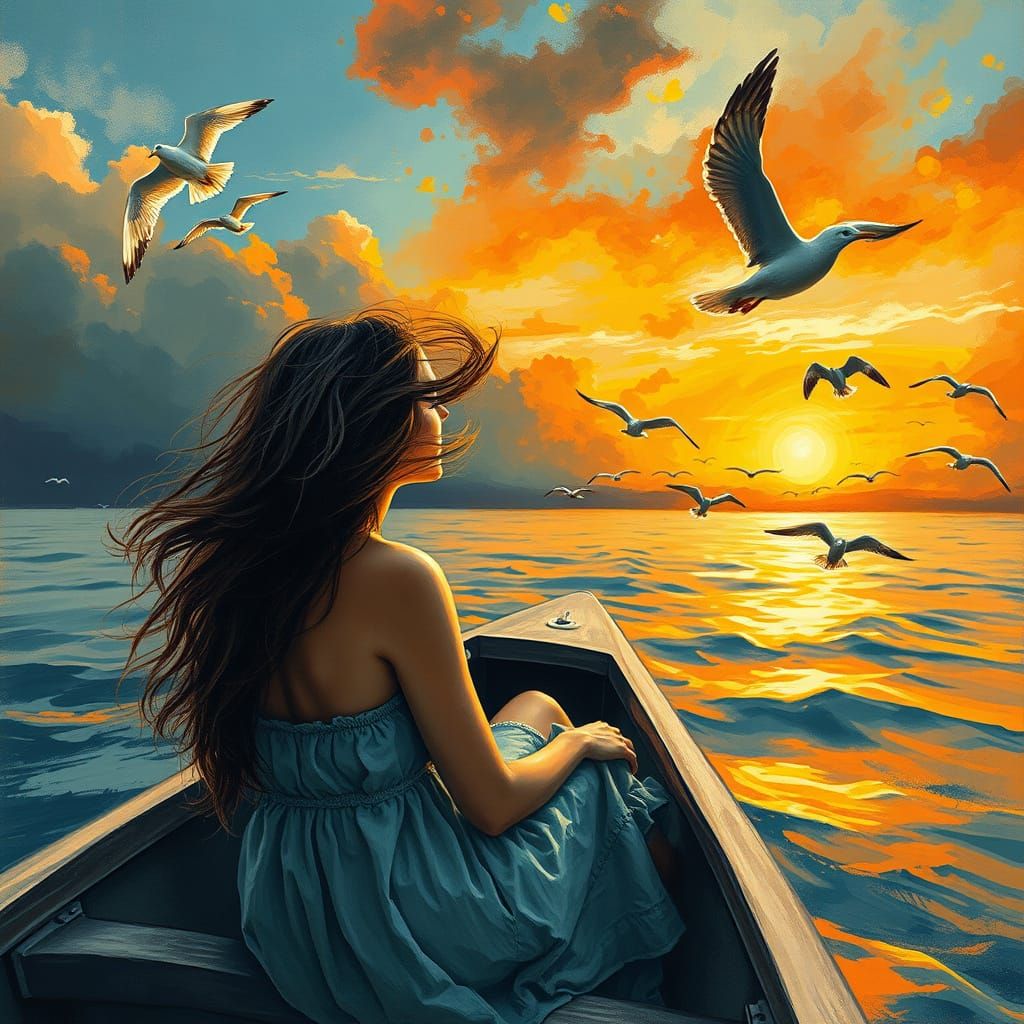 Sunset Woman in Boat: Expressionist Gouache and Watercolor