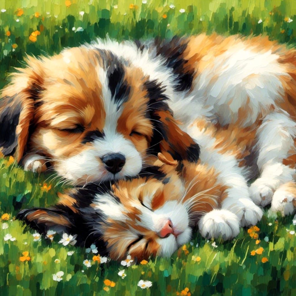 Puppy and Kitten Nap in Impasto Style