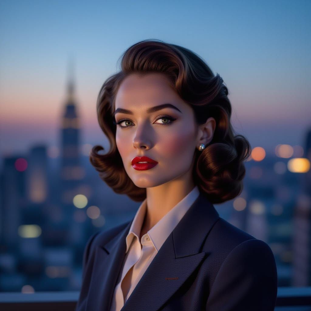 Retro 1940s Hairstyle Woman in Moody Twilight Cityscape