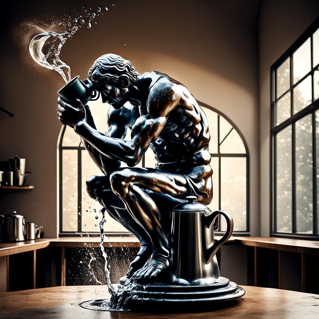 The Thinker Poured From Coffee Pot: A Surreal Vision