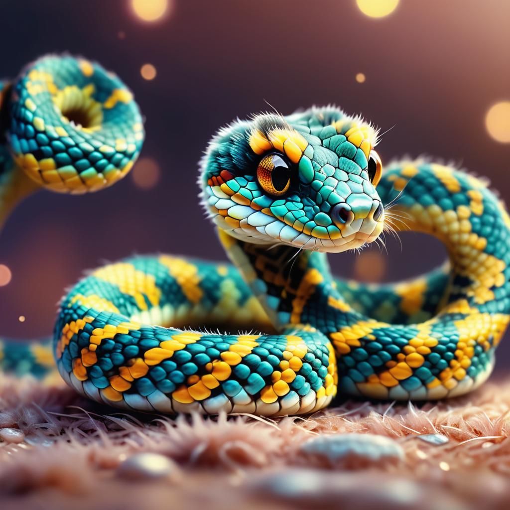 Adorable Furry Baby Snake Portrait in Pastel Colors