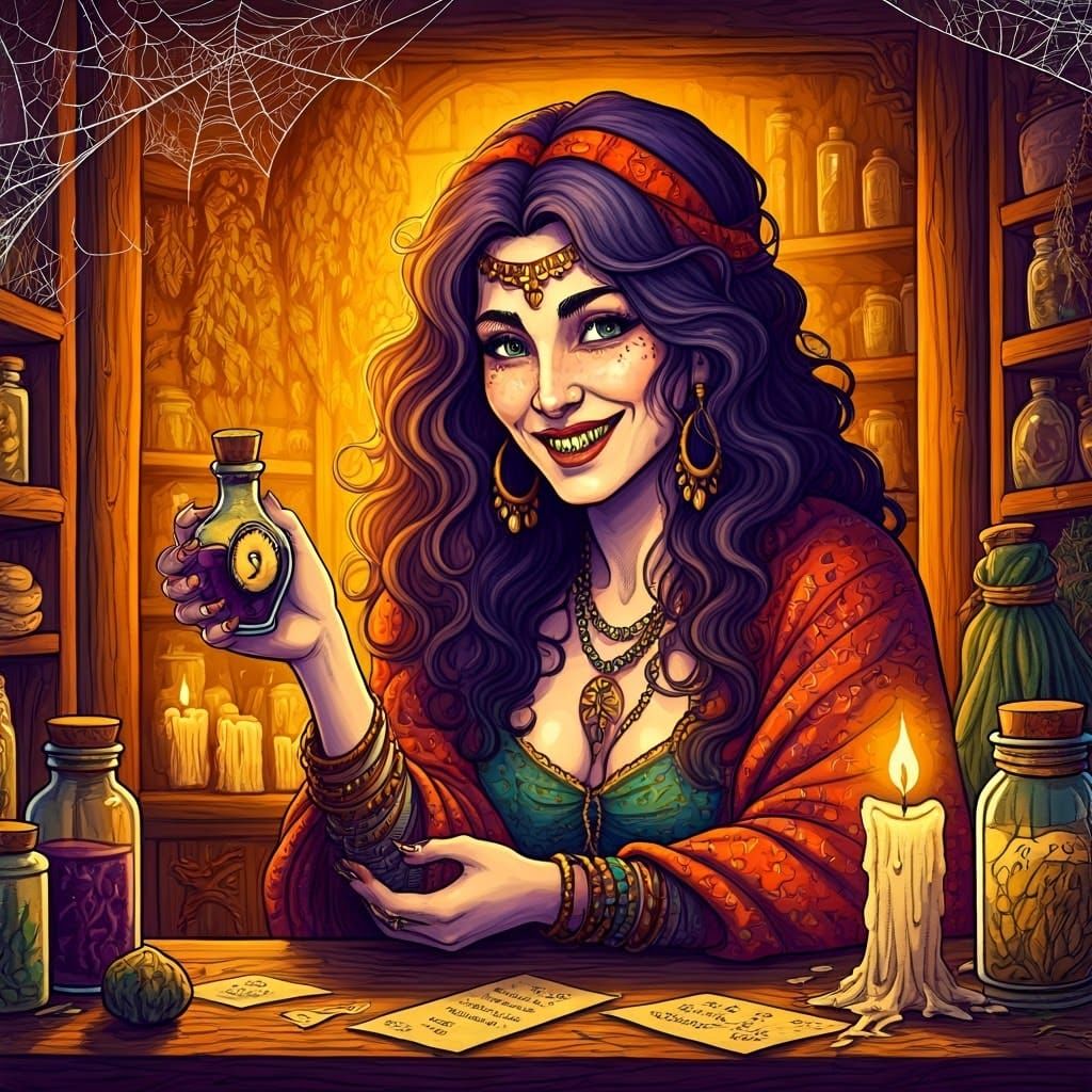 Mystical Gypsy Fortune-Teller in a Whimsical Herbalist Shop