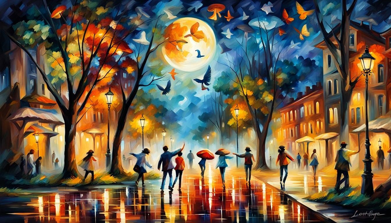 Vibrant Dancers Under Moonlit City, in Impressionist Style
