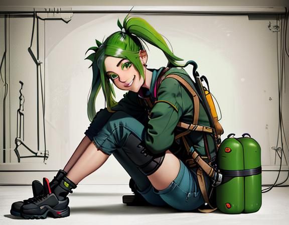 Woman Mechanic Building Jetpack with Green Hair