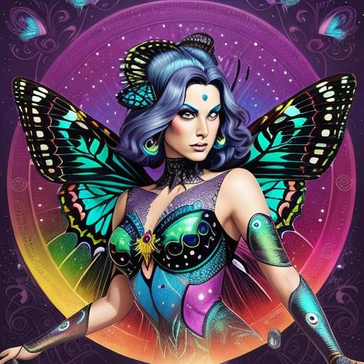 Butterfly Moth Woman with Peacock Feathers, Comic Art