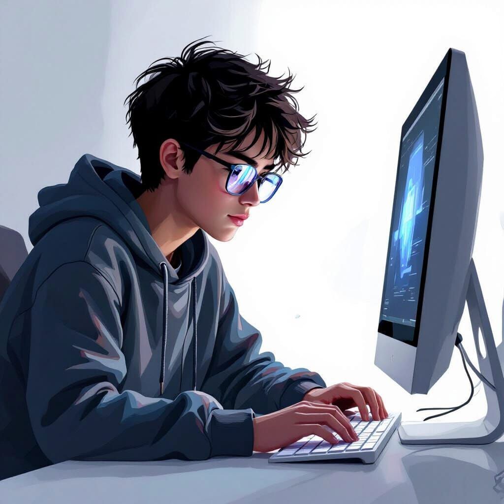 Focused Student at Computer, Digital Art Style