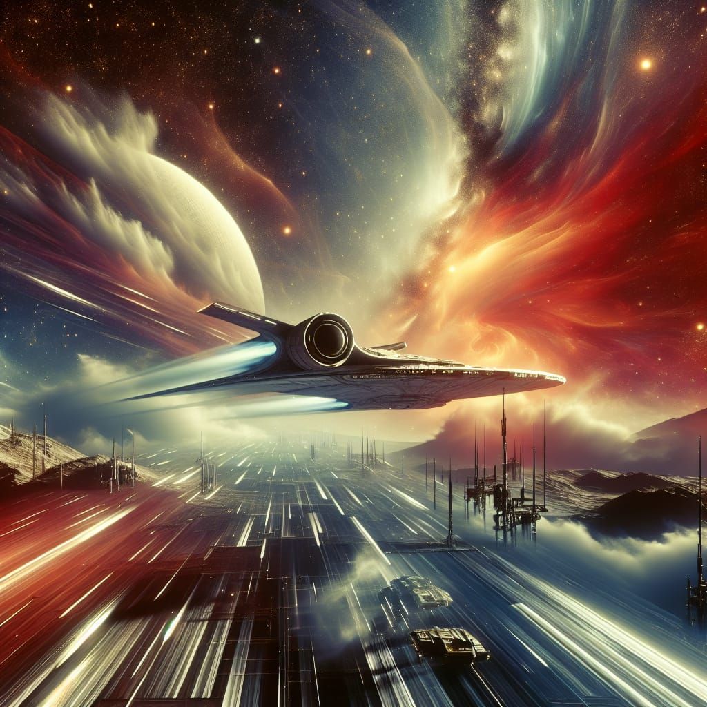 Surreal Starship Blazes Through Cosmic Vortex