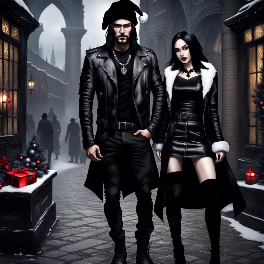 Gothic Couple with Black Santa Hat