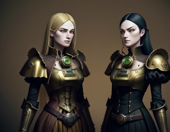 Twin Sisters in Time Machine: Steampunk Digital Art