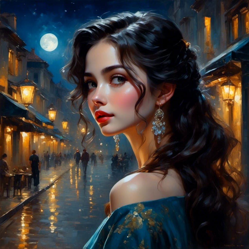 Moonlit Dark Hair Beauty Captures Romantic Gaze