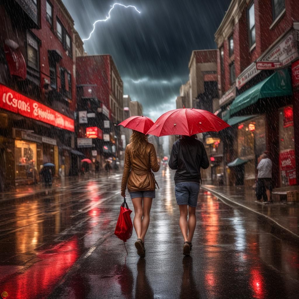 Cosmic Rainstorm Over City with Red Umbrella