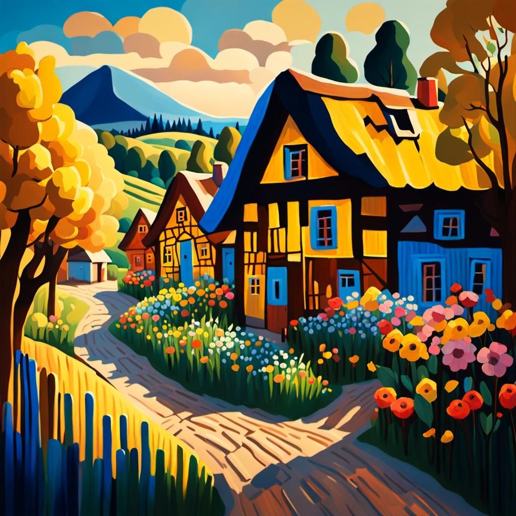 Picturesque Village Surrounded by Blooming Fields: Folk Art