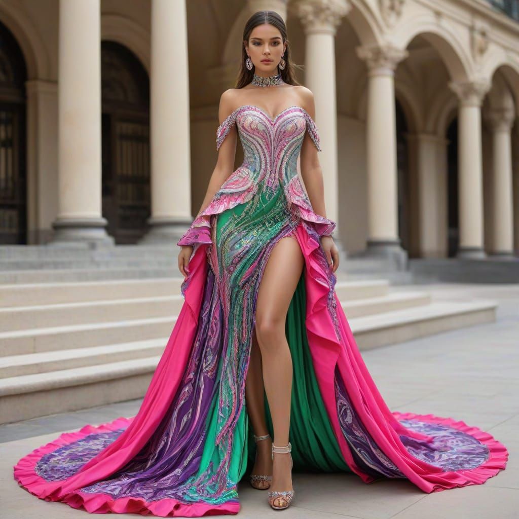 Colorful Diamond Dress with Swirls and Fringes