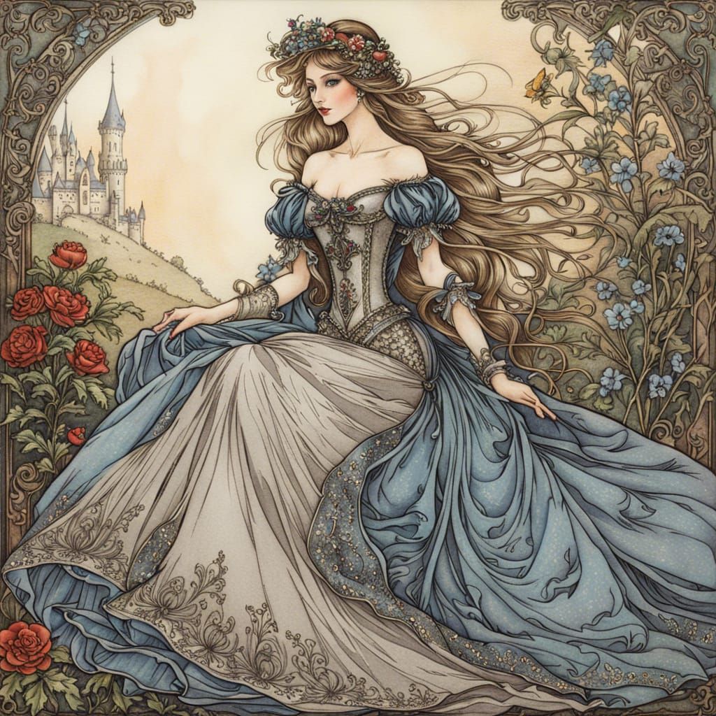 Fairytale Maiden in Silver Gown, Arthur Rackham Style
