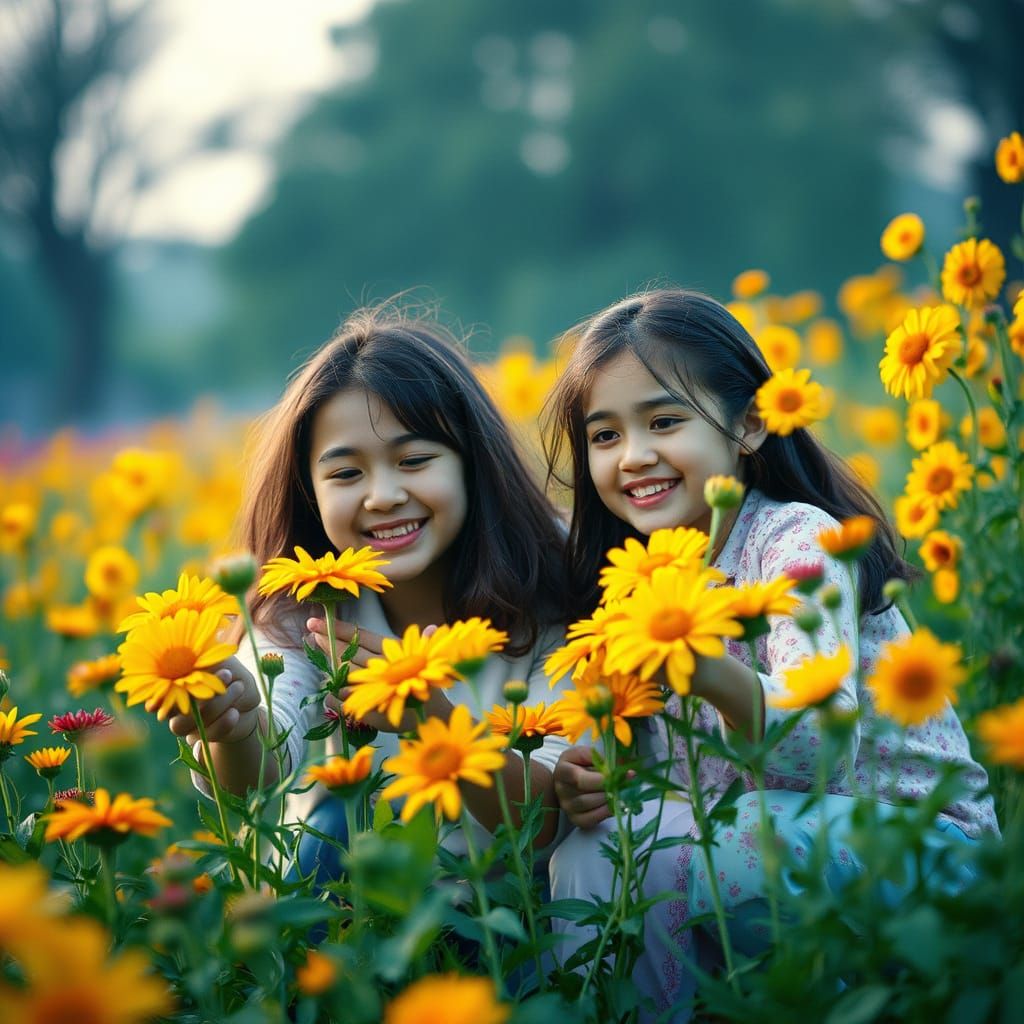Mother and Daughter Picking Flowers in Cinematic Style