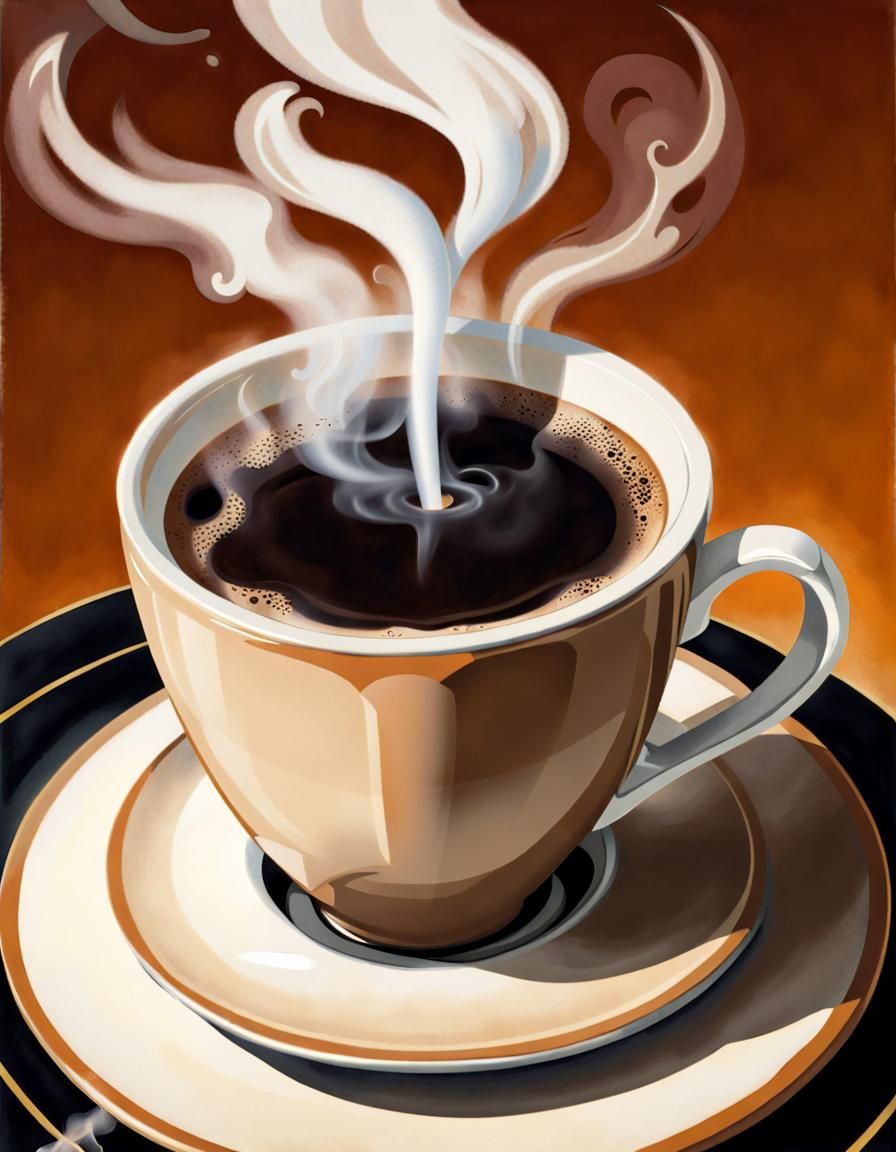 Surprise me, steaming cup of coffee, art deco