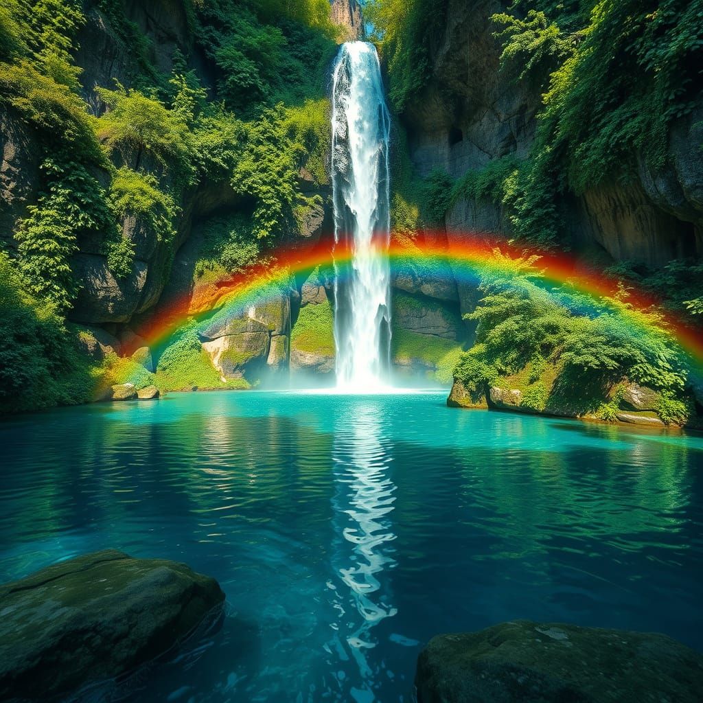 Emerald Lake with Waterfall in Photorealistic Style