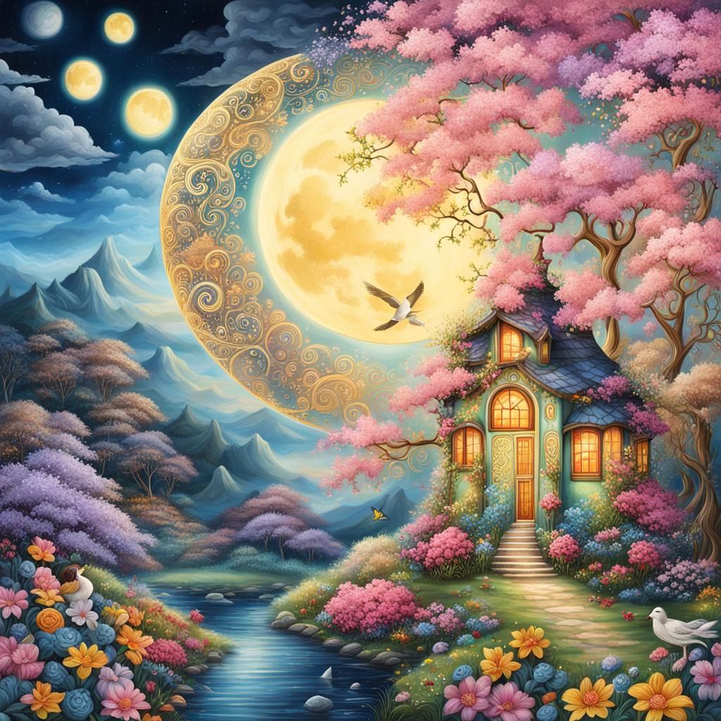 STYLE IWONA LISCHES+  WHIMSICAL1 FULL MOON NIGHT OVER THE MULTICOLOR VILLA+COLORFUL+FULL MOON+FLORY MEADOWS +JASMINE BEC...