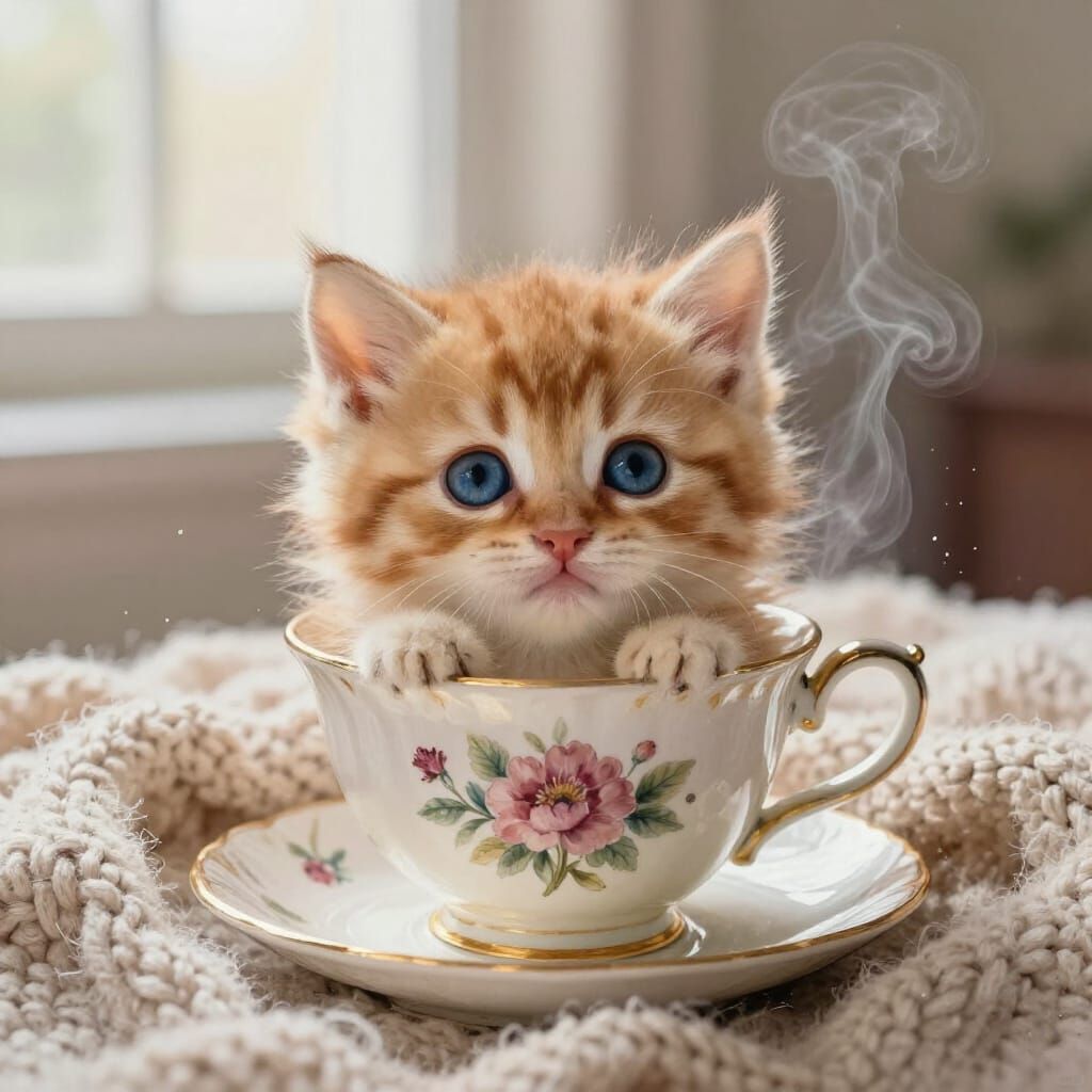 Adorable Ginger Kitten in Teacup, Macro Photography
