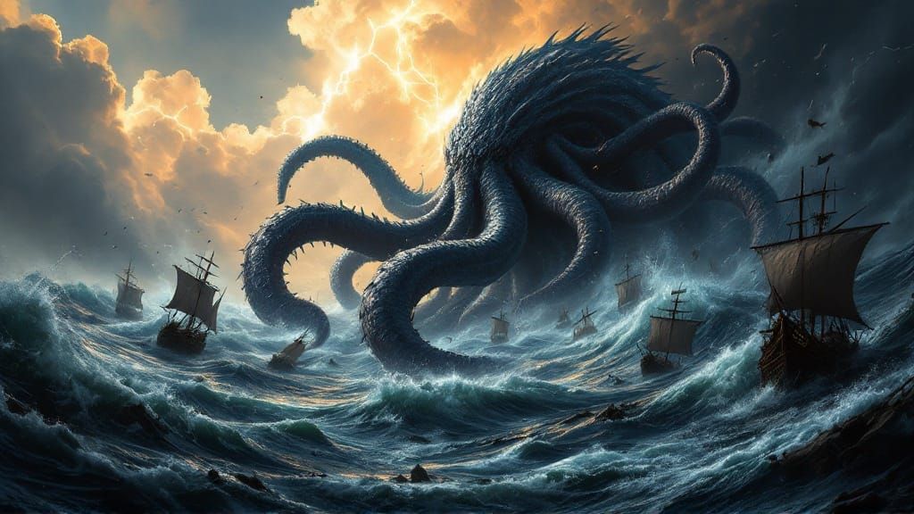 Kraken Attacks Ships in Storm, Cinematic Film Still