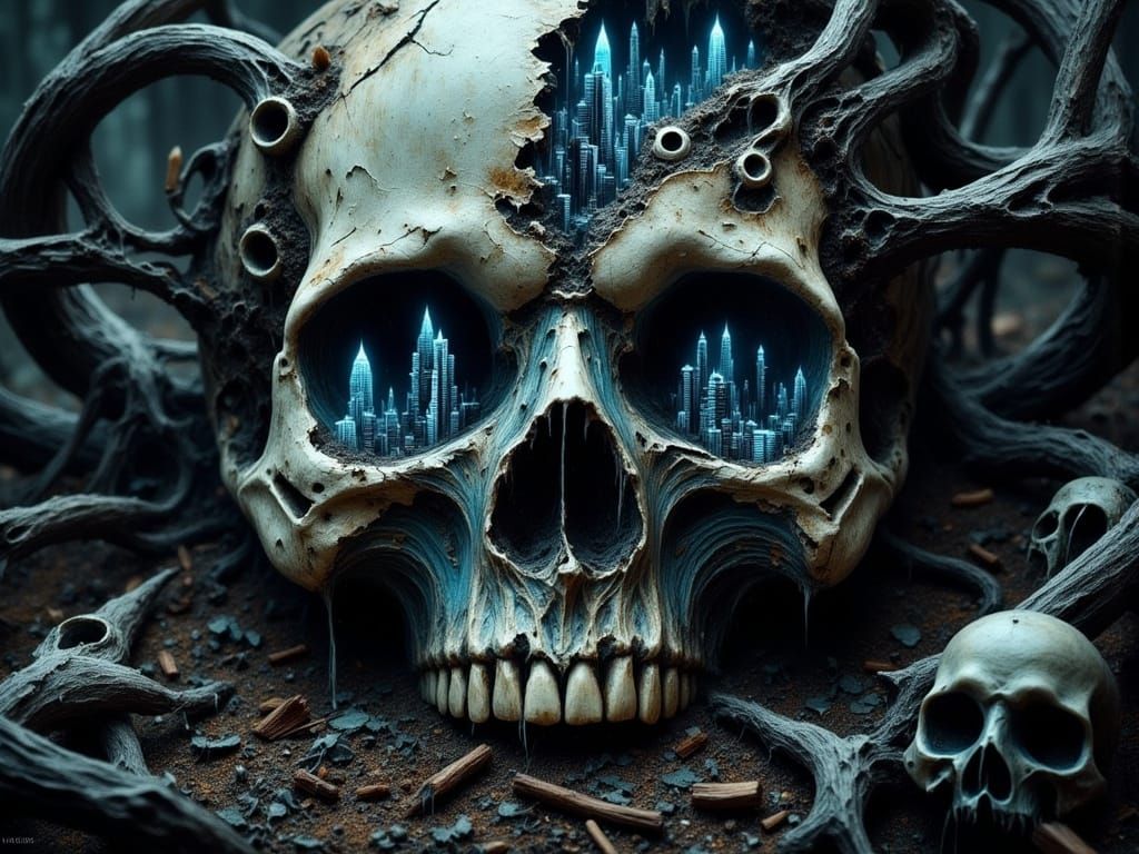 Surreal Cyberpunk Scene: Decay of a Labyrinthine City