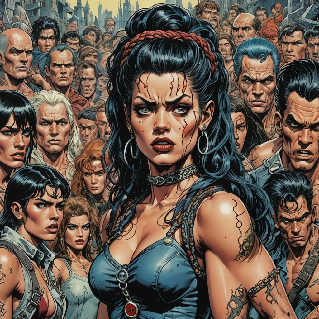 art by Wally Wood & Moebius & Ralph Bakshi depicting in clos...