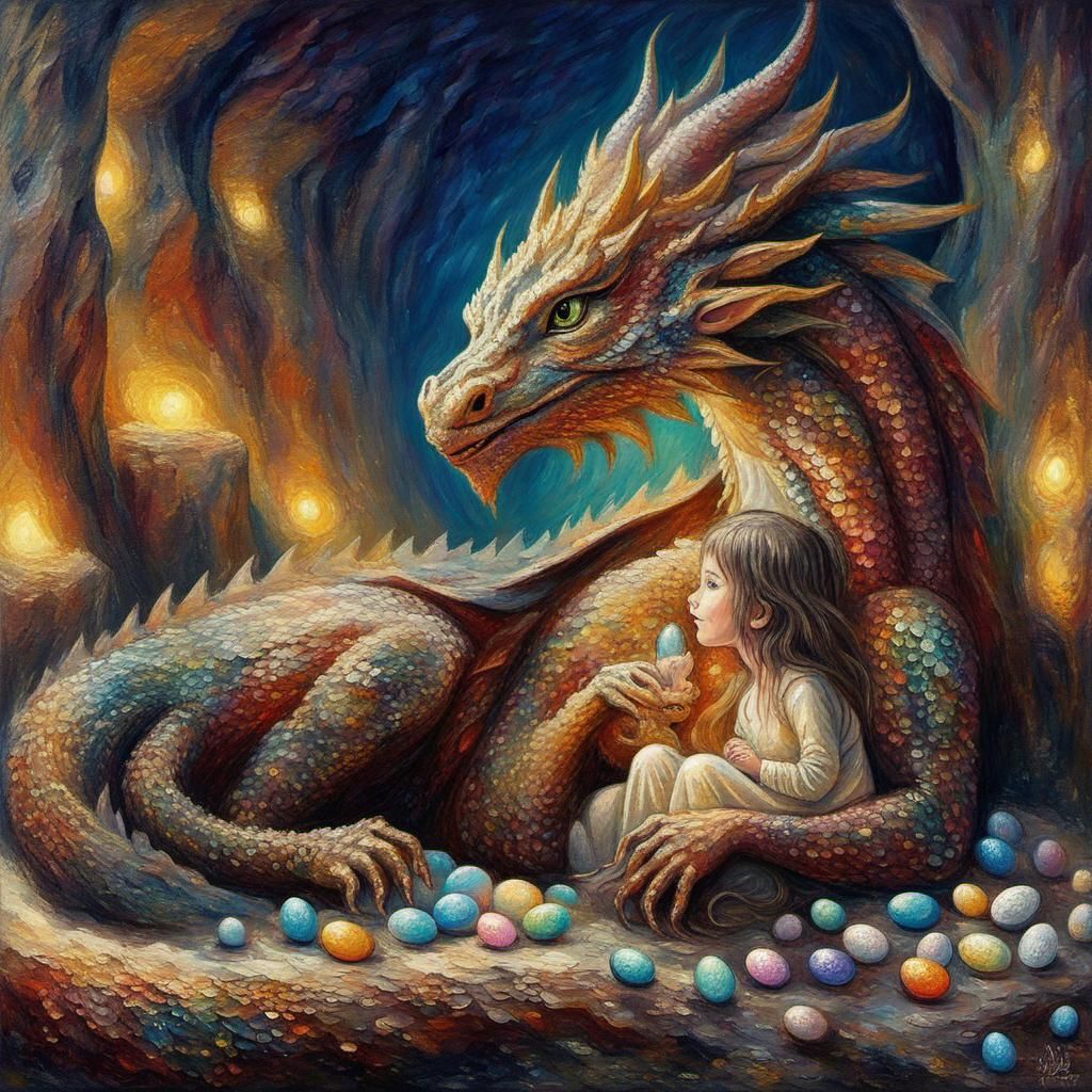 Sparkle Dragon Mother Protecting Eggs, Expressionist Oil Pai...