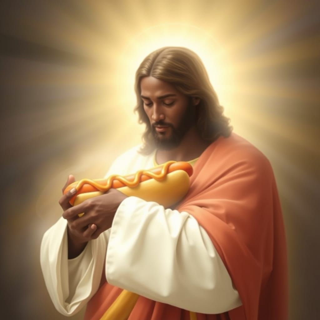Jesus Cradling Hotdog with Halo in Modern Iconography