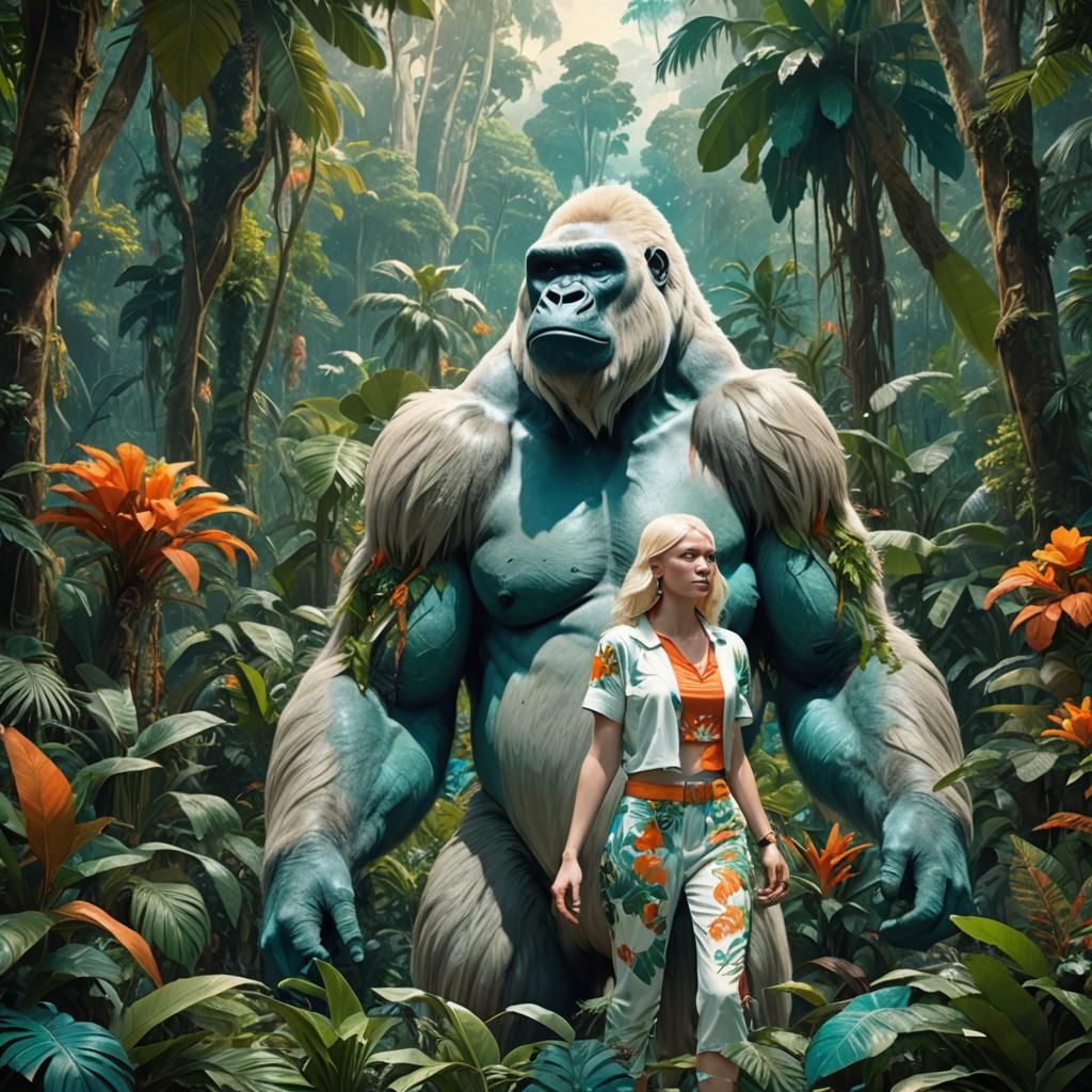 Albino Gorilla and Woman in Lush Jungle Art