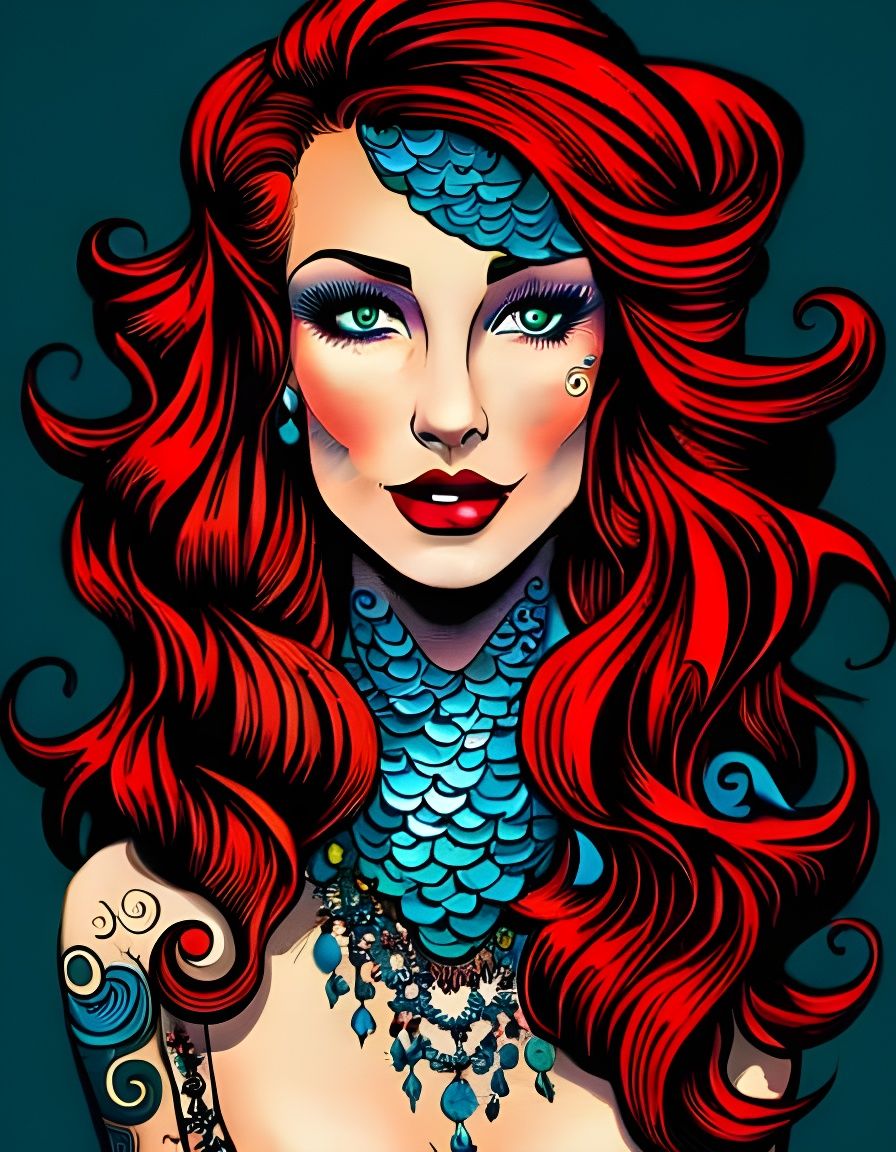 Evil Pirate Mermaid in Colorful Vintage Pop Art