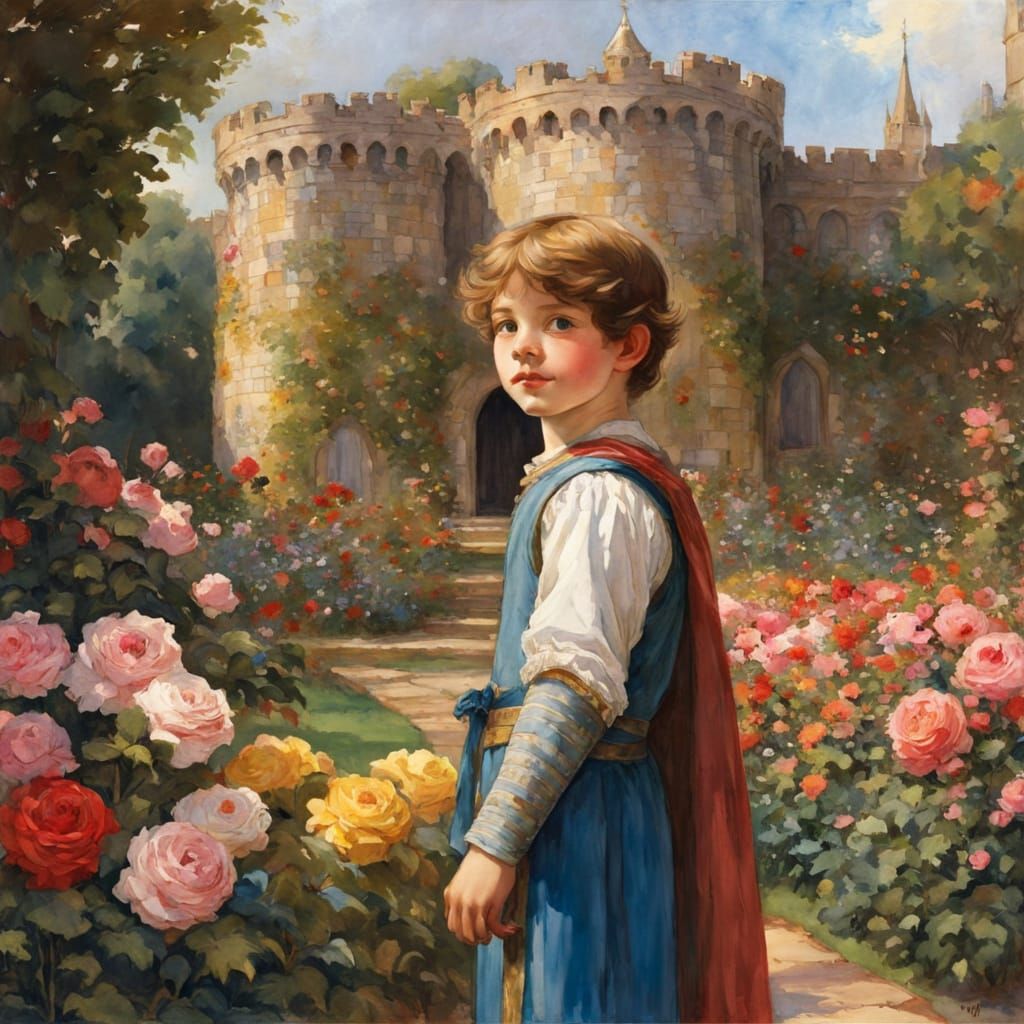 Medieval Castle Garden Scene in Whimsical Watercolor Style