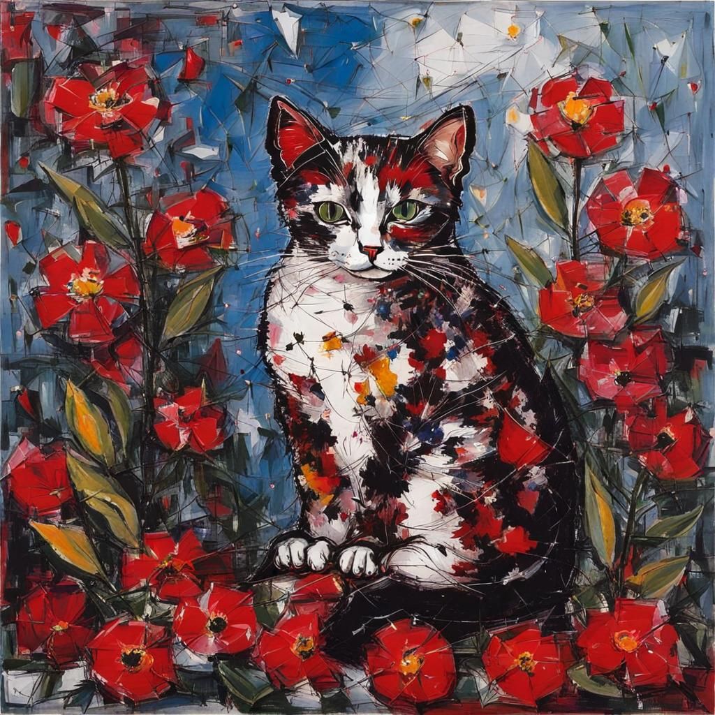 Abstract Expressionist Cat Surrounded by Flowers