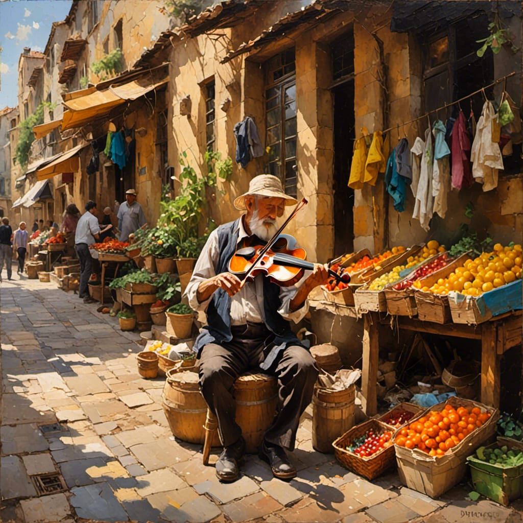 Expressive Violinist in Impressionistic Market Scene