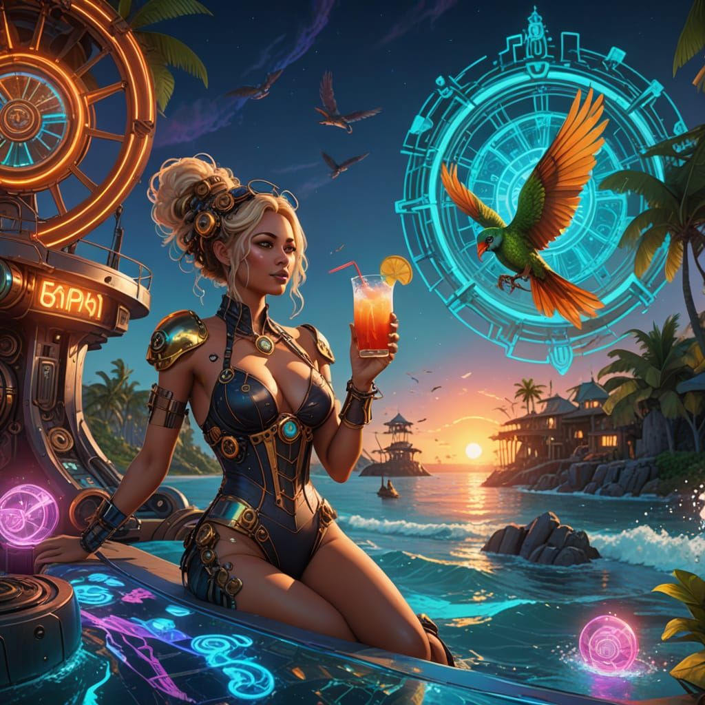 Steampunk Art Nouveau Woman at Futuristic Resort