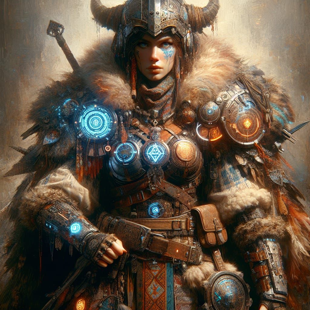 Viking Battle Mage with High-Tech Costume in Painterly Style