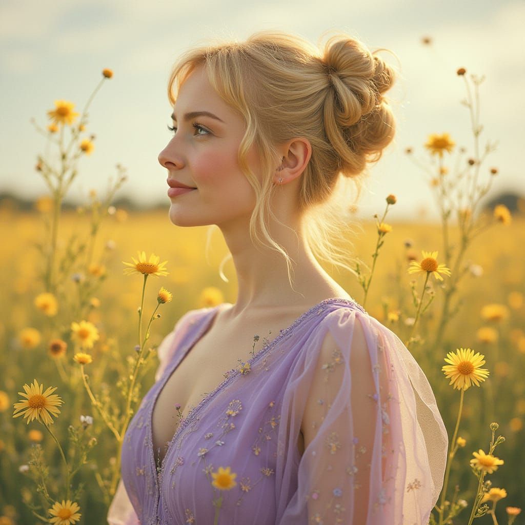 Smiling Woman in Art Nouveau Spring Meadow