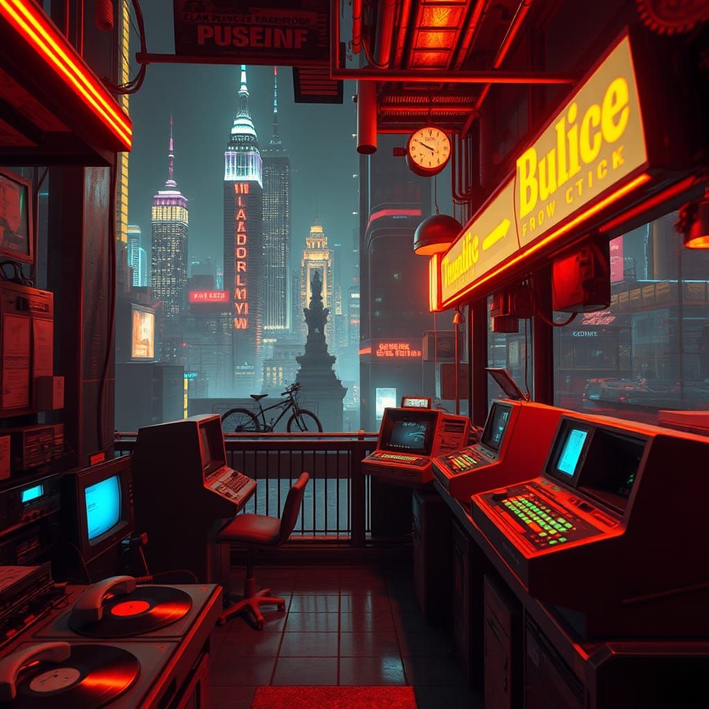 Synthwave Cityscape with Neon Lights and Retro Flair
