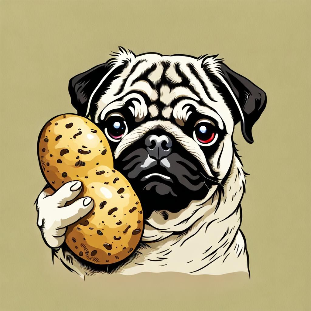 Pug Dog Lovingly Holds a Potato