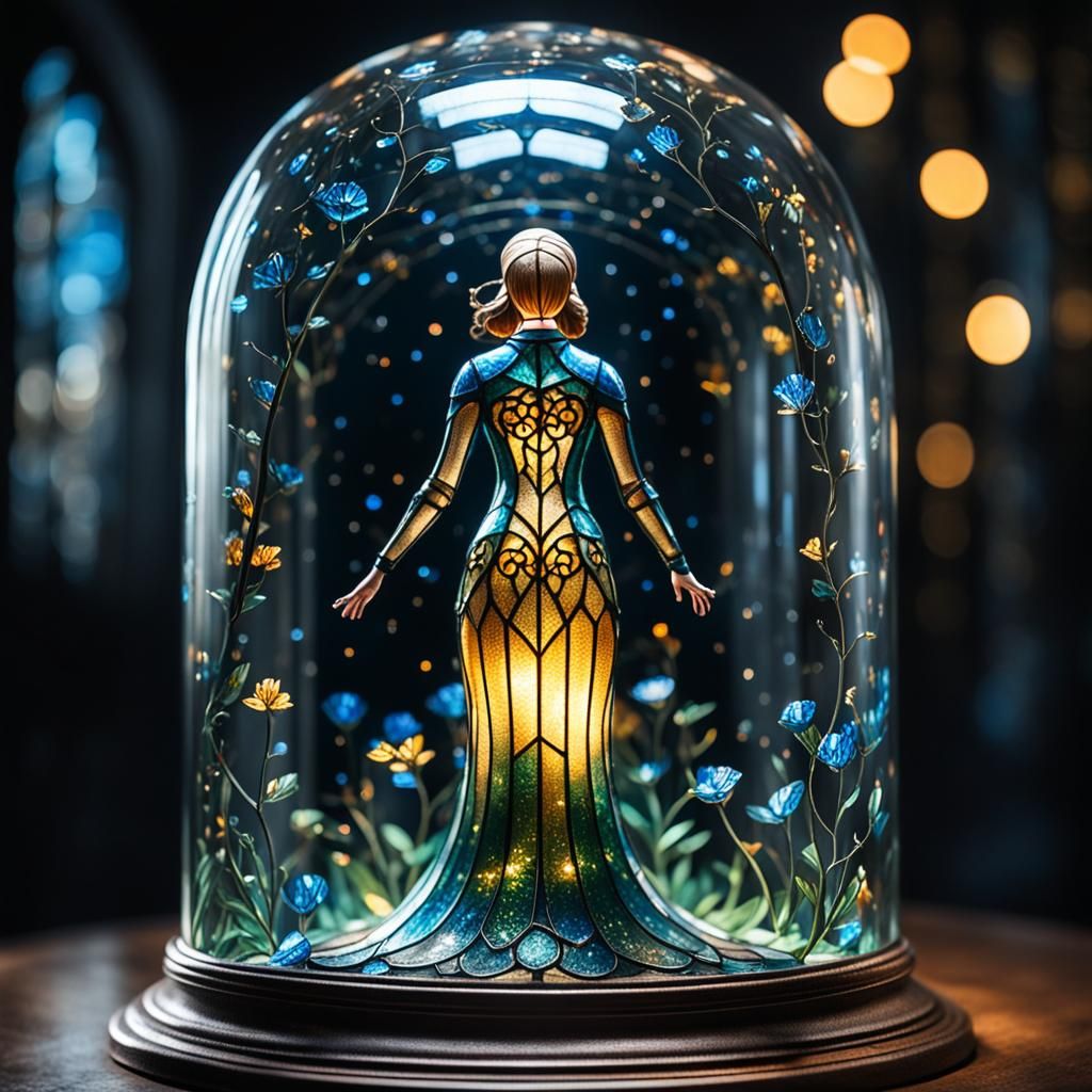 Stained Glass Person in Bell Jar with Bokeh