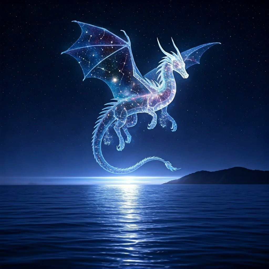 Stellar Dragon Soars Through Midnight Sky Over Oceanic Expan...