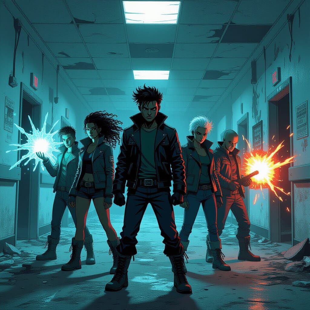 Mutant Heroes in Gothic Hospital Corridor