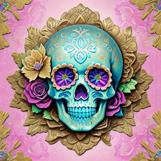 Ornate Crystal Sugar Skull Impasto Painting