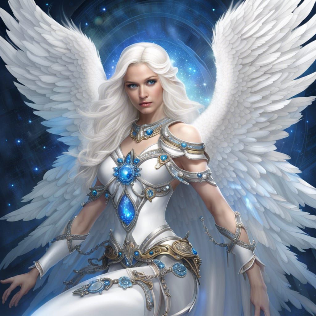 Angel in Pearl Armor with Blue Crystal Accents